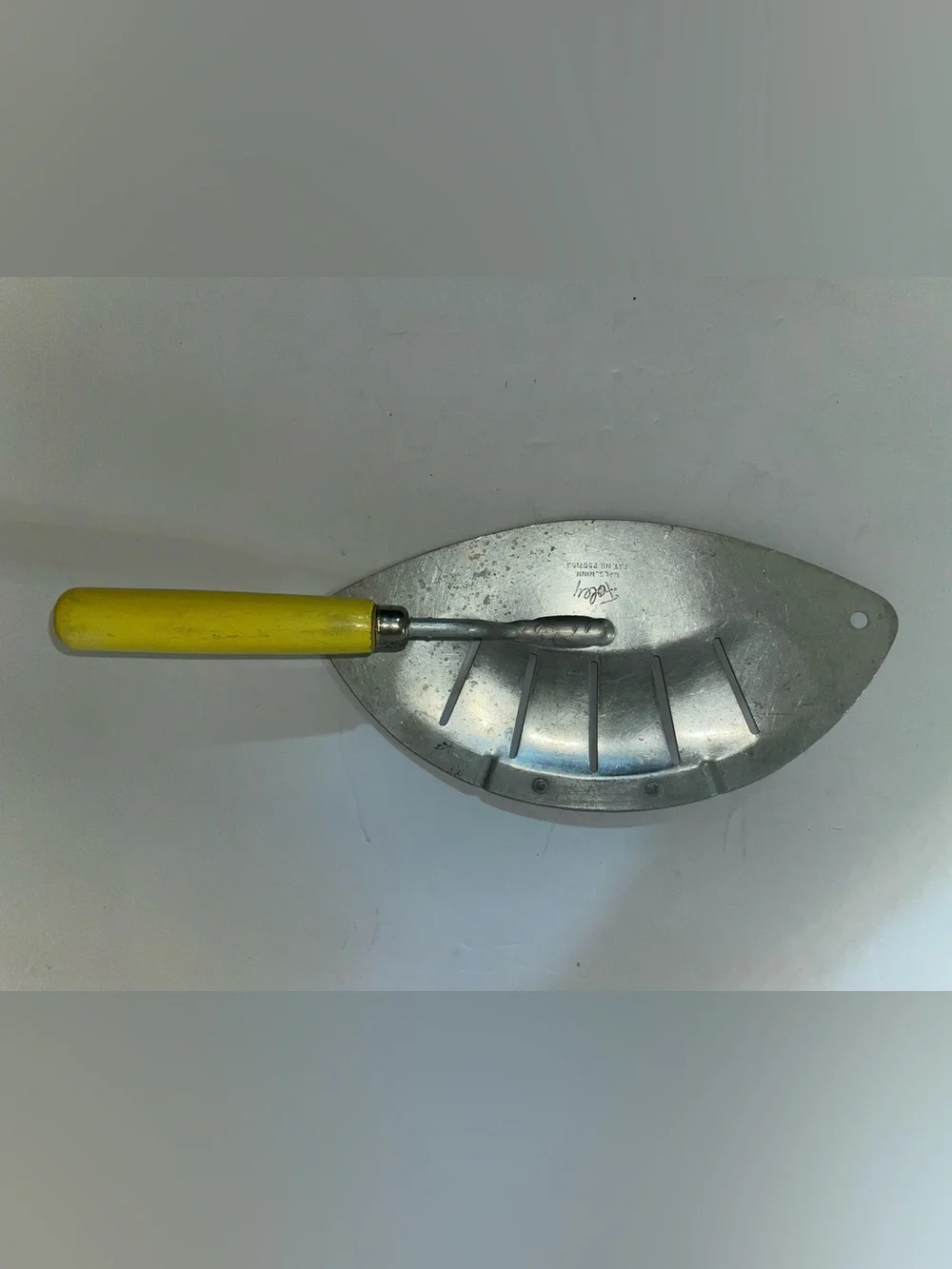 Vintage Foley Aluminum Hand Held Pot Pan Strainer with Yellow wood Handle 1950s